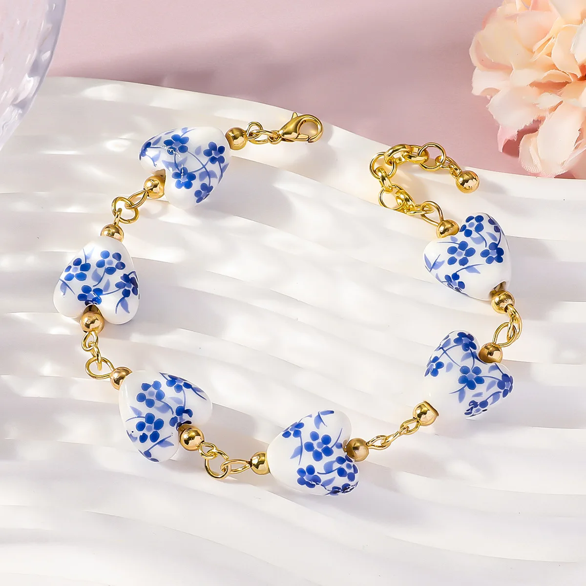 

Vintage Love Heart Ceramic Beads Bracelet Fashion Blue and White Porcelain Ceramic Drop Earrings Trendy Elegant Women Jewelry