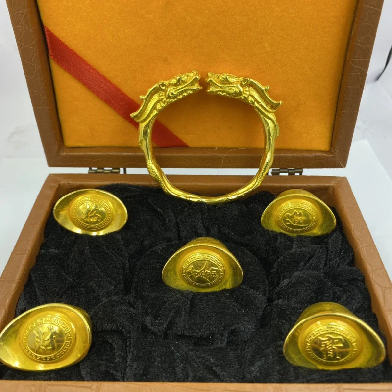 

Ancient Crafts Boxed Wealth-Attracting Ingot with Dragon Head Bracelet Set Collectible Ornament