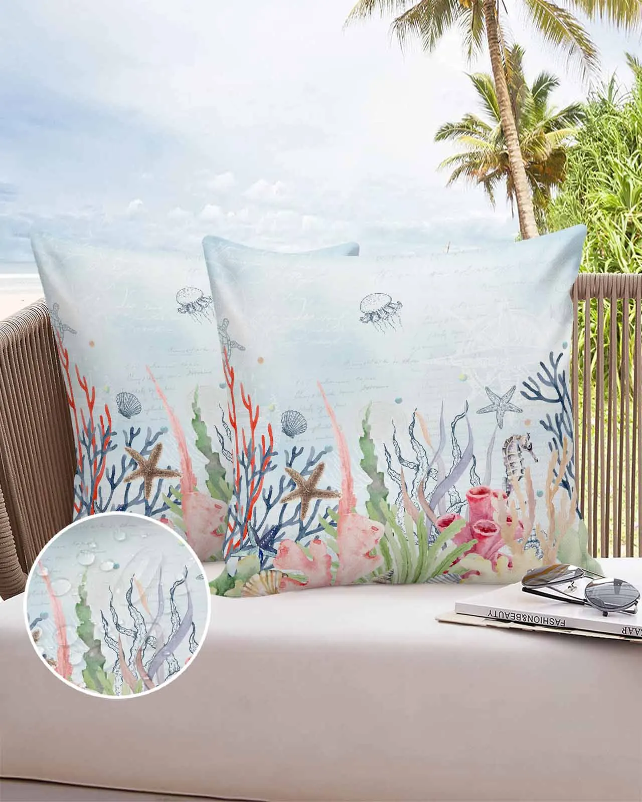 Summer Marine Life Coral Shells Seahorse Starfish 2/4PCS Outdoor Pillowcase Waterproof Sofa Pillow Cover Garden Cushion Covers