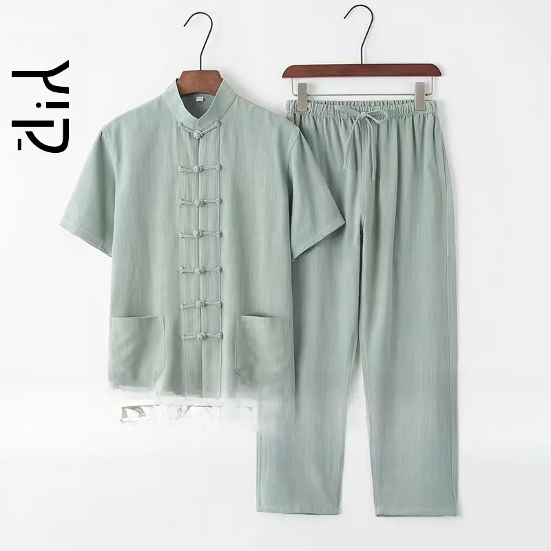 軽量リネン半袖メンズセット-中年・高齢者向け-伝統的な中国風漢服-お父さん服-夏服