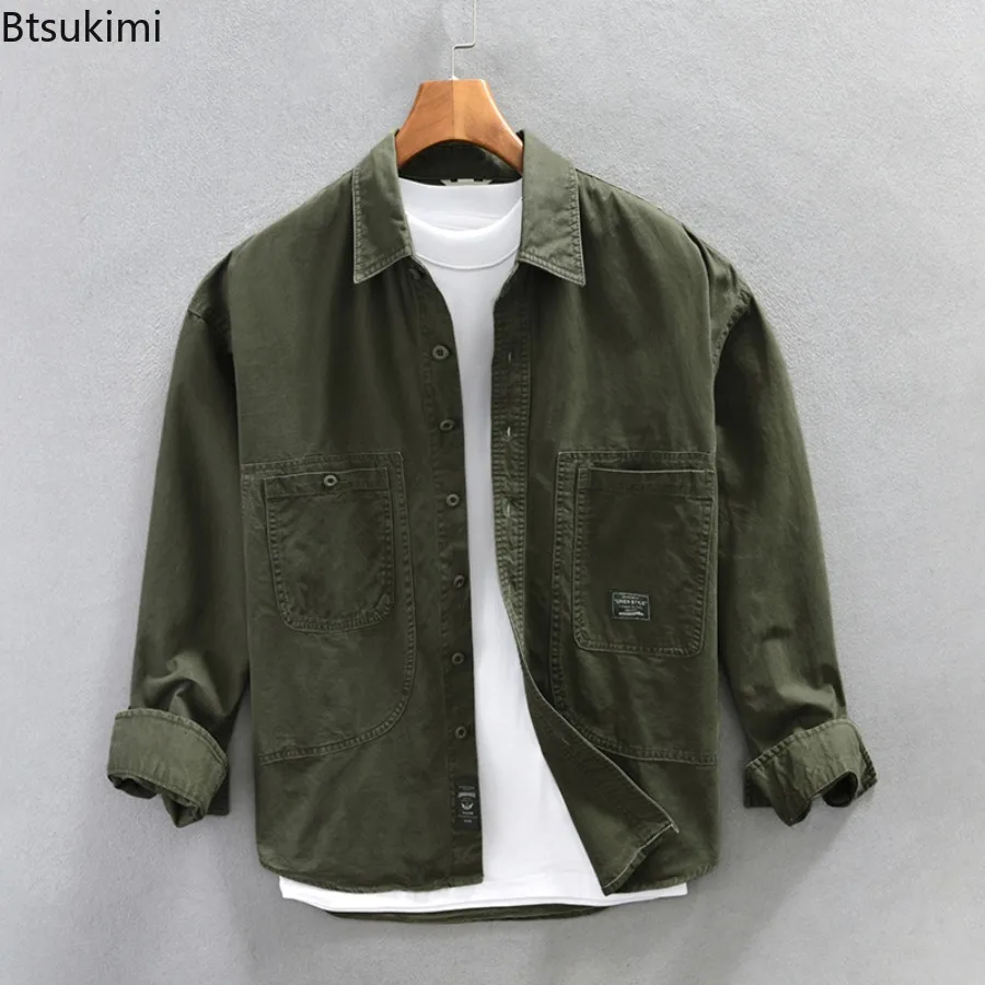 Classic Retro Cargo Shirts Men's 100% Cotton Long Sleeve Lapel Shirt Jackets Spring Autumn New Casual Cardigans Male Loose Tops