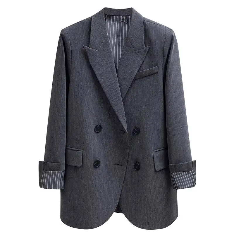 2026 Women's Slim Fit Suit Jacket Grey Hong Kong Style Striped Sleeve Blazer Spring/Autumn Office Wear G503