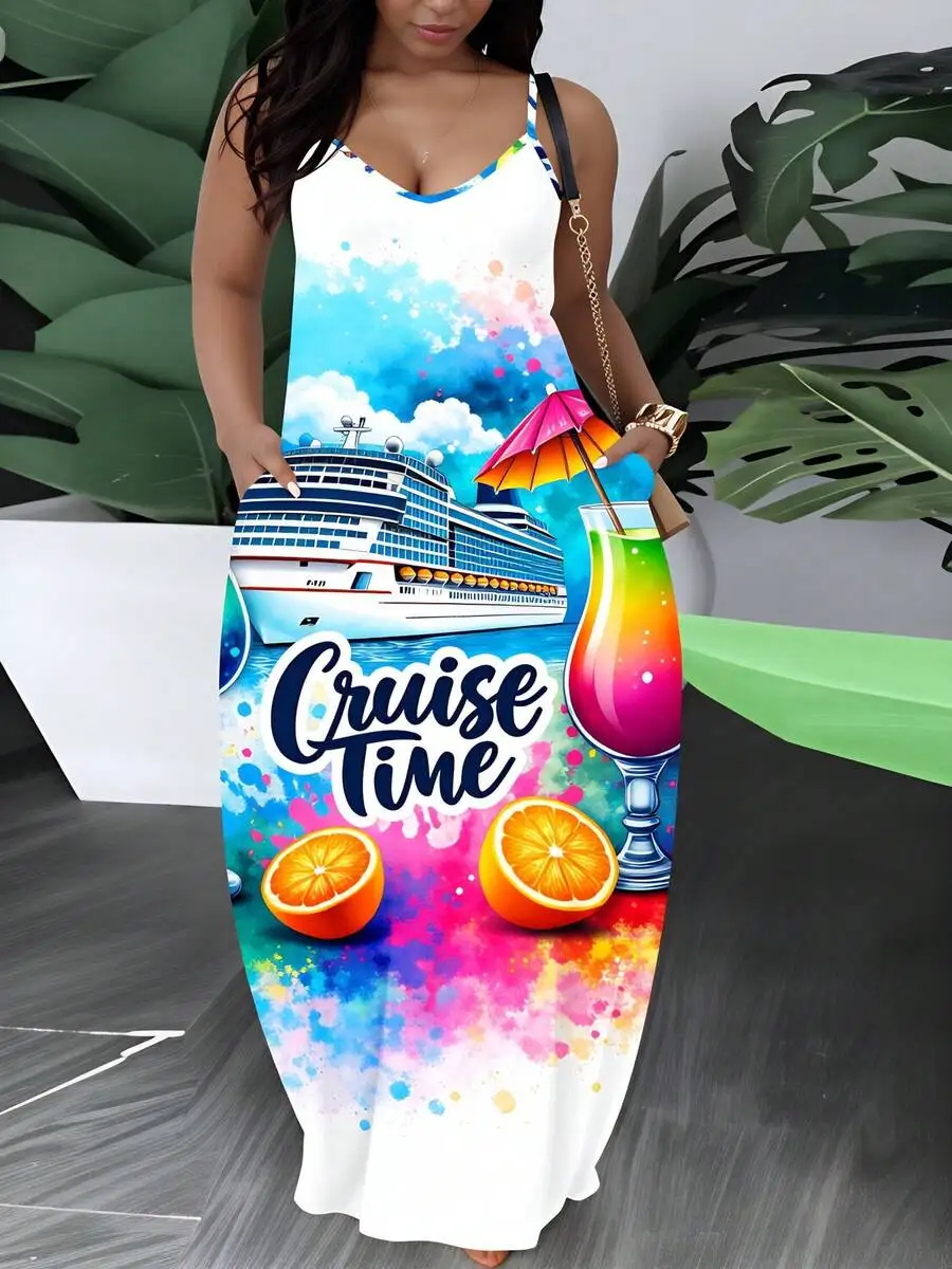 

Cruise Time Summer Maxi Dress With Cruise Ship Cocktail Print Women Beach Vacation Casual Dress