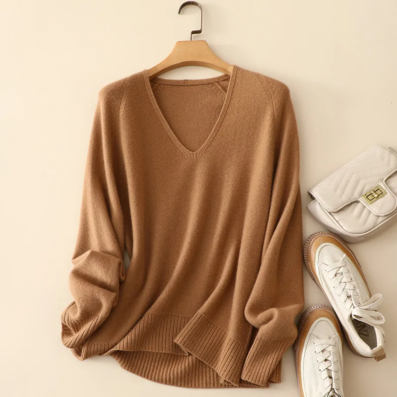 

masigoch high quality winter thick drop shoulder luxury 100% cashmere v neck loose sweaters