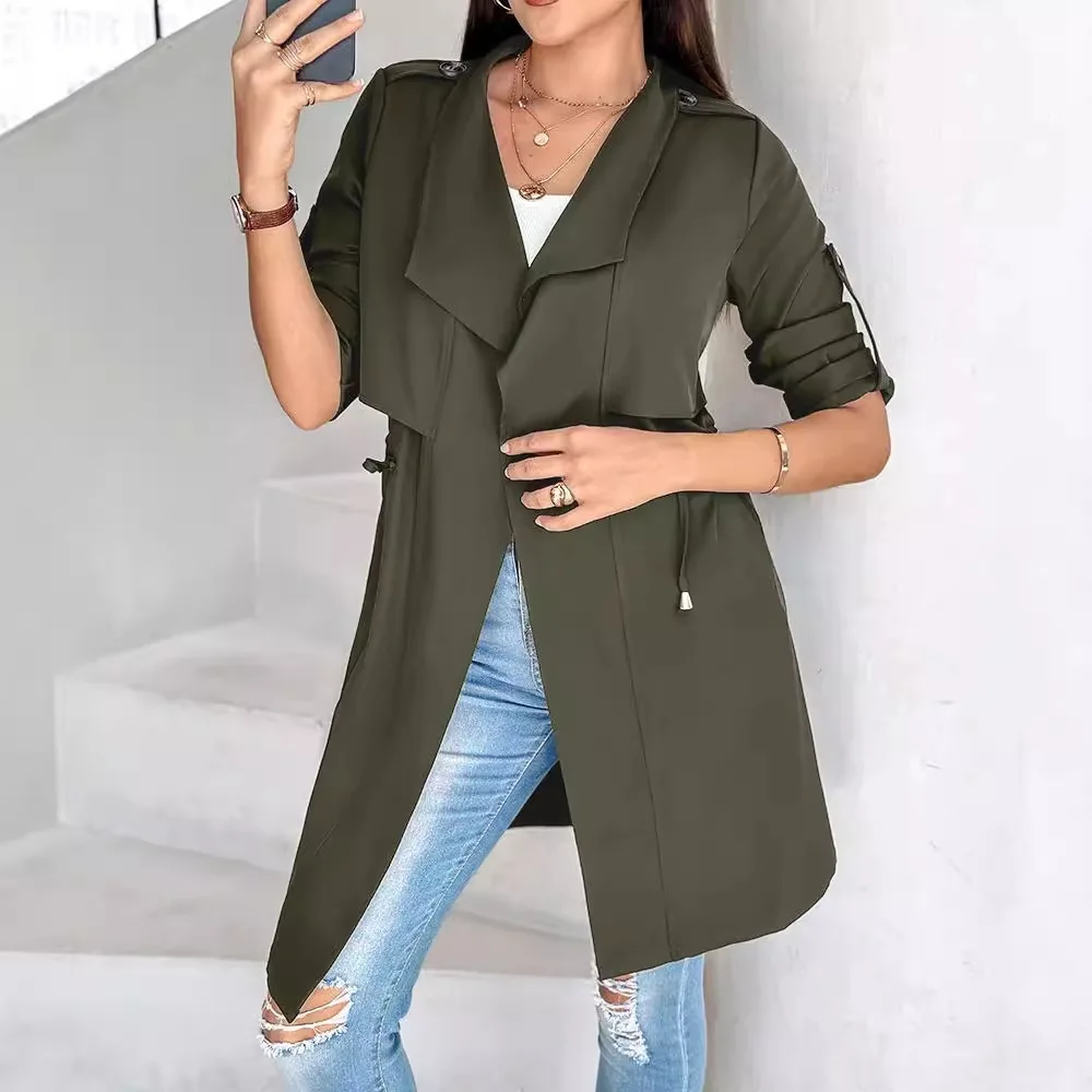 2024 New Autumn/Winter Fashion Style Casual Commuting Loose Solid Color Waist Sleeves Mid length Windbreaker Coat for Women