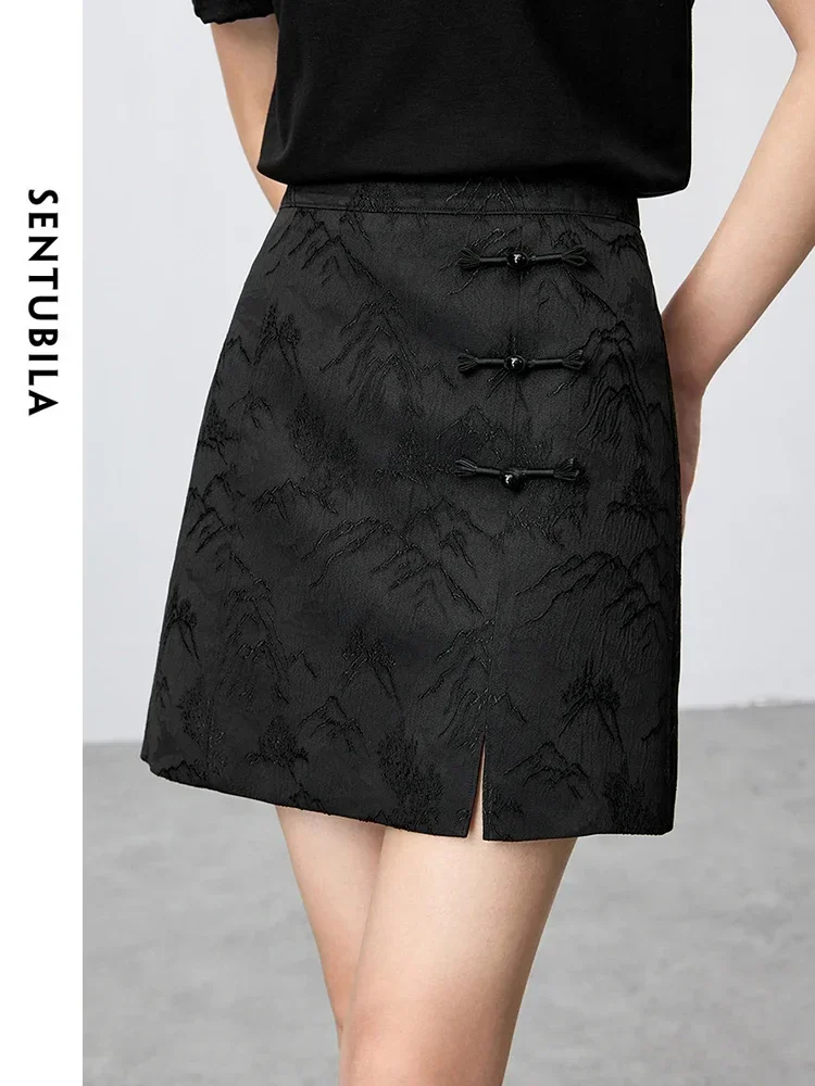 GENTUBILA-Mini jupe jacquard noire pour femme, mode chinoise, jupe fendue élégante, vêtements d'été simples, 142Q55bulette, 2024