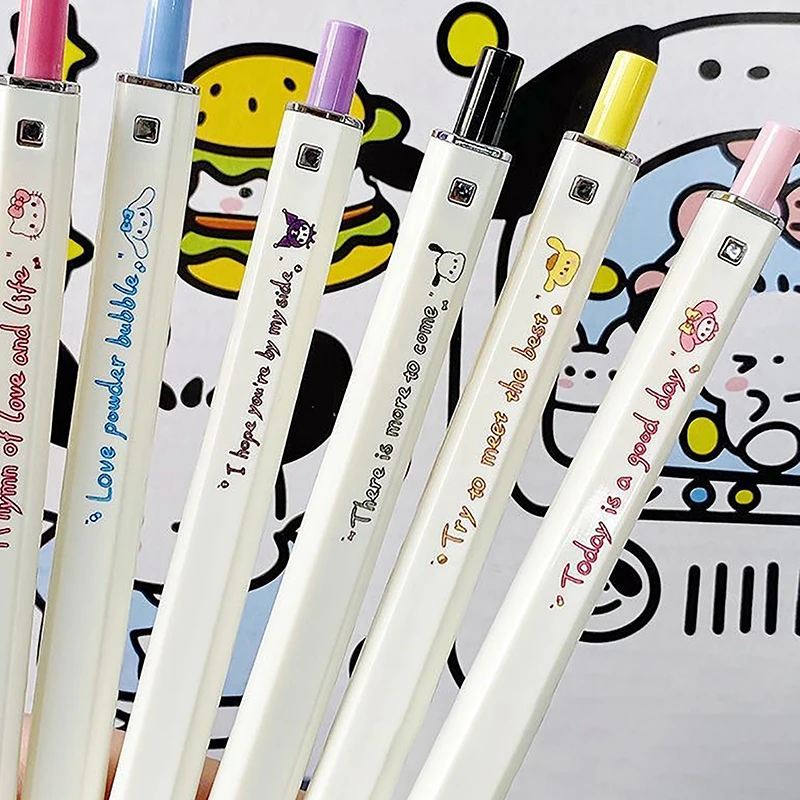 6Pcs Kawaii Hello Kitty Writing Pen Cute Sanrio Kuromi Cinnamoroll Good-looking Press Square Shape Gel Pen Simple Student Gift