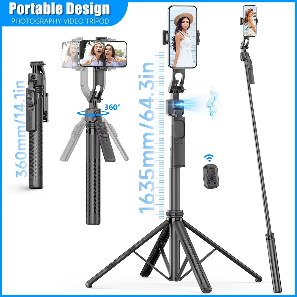 163cm/64.3''Tripod for Mobile Phone Camera with Wireless Remote 360°Rotation Video Record Smart Face Follow Gimbals Selfie Stick