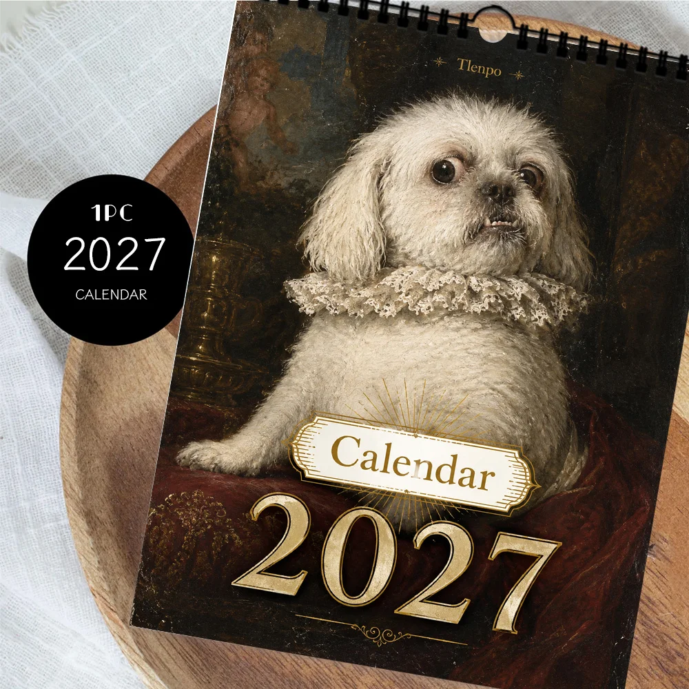 1pc 2027 Noble Dog Oil Painting Wall Calendar,12‑Month Planner,Gift For ,Christmas,Halloween,New Year,Free Stickers Included