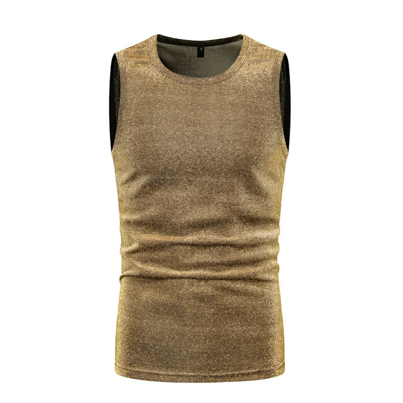 #4124 Summer Sleeveless Shinny Sihnny Tank Top Men Gold Silver Purple Streetwear Hip Hop Tank Top Man Round Neck Tee Shirt Homme