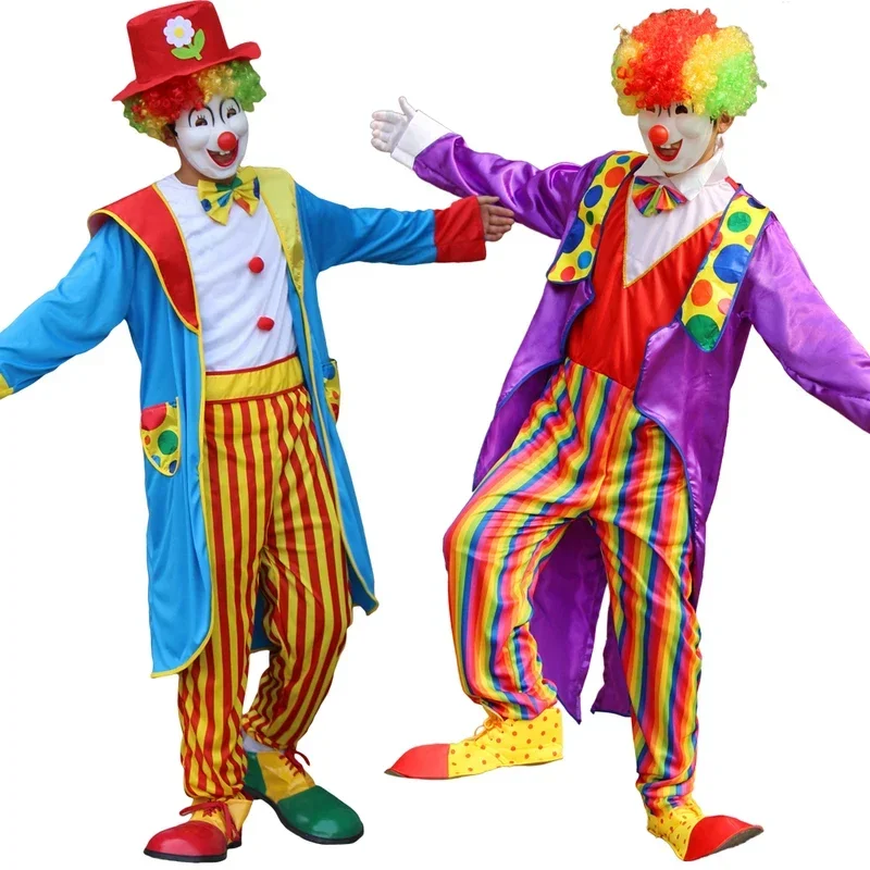 Комбинезоны Забавный клоун Джокер Косплей Костюм с обувью Парик Красный нос Взрослые мужчины Карнавальная куртка Костюмы MN3