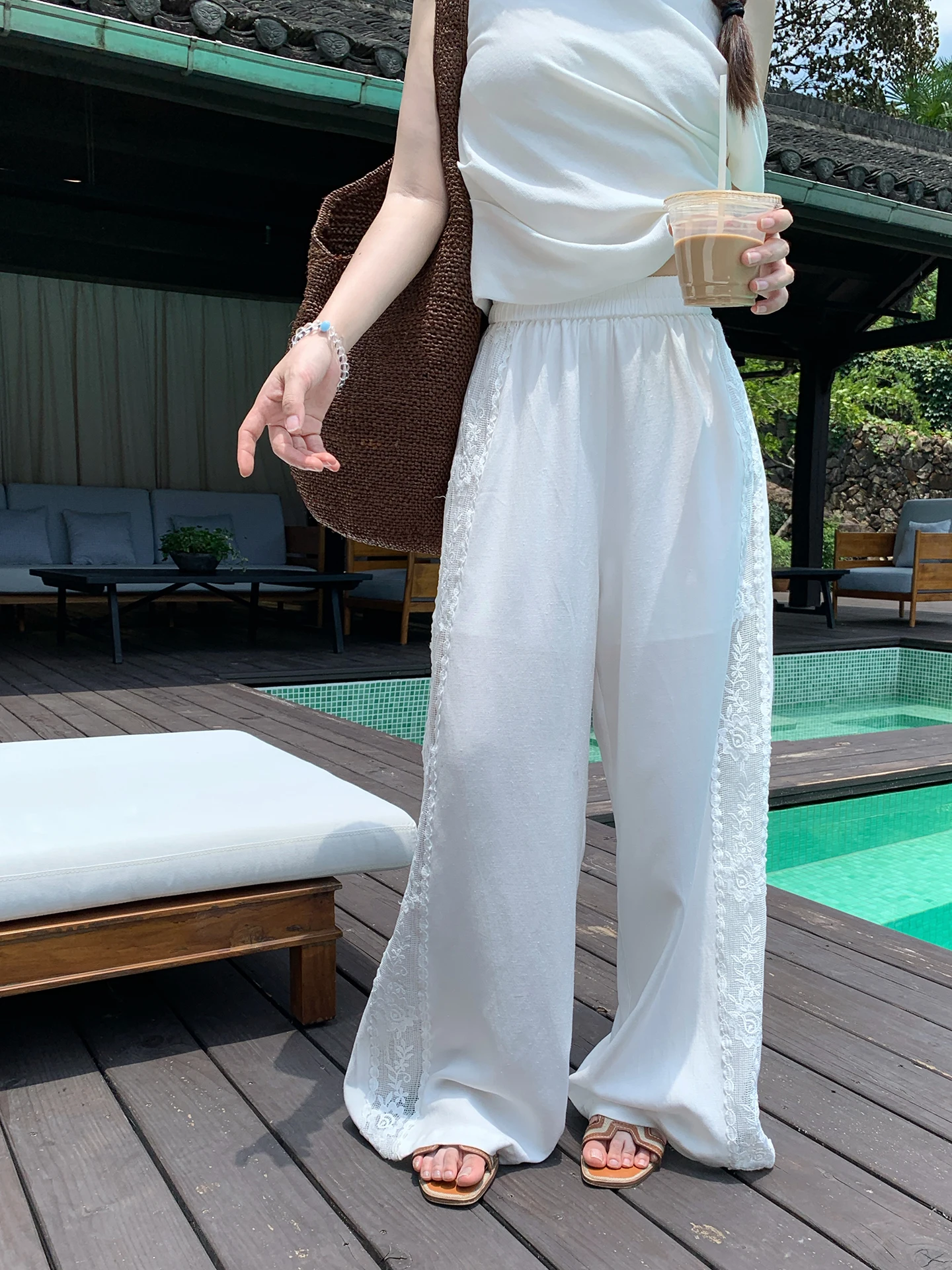 

EVNSLE "Moonlight Fanfare" Весенне-летние женские брюки с высокой талией, кружевными вставками, широкими штанинами и прямым кроем, дышащие, повседневные, трикотажные.