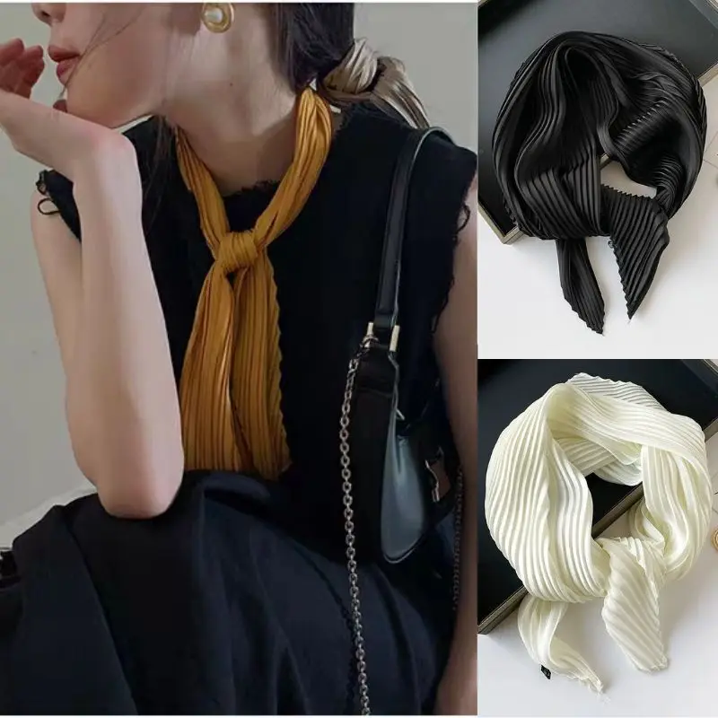 Pleated Silk Satin Scarves Elegant Hair Scarf For Women Square Headscarf Office Lady Crinkled Neckerchief Hairband Decor Bandana