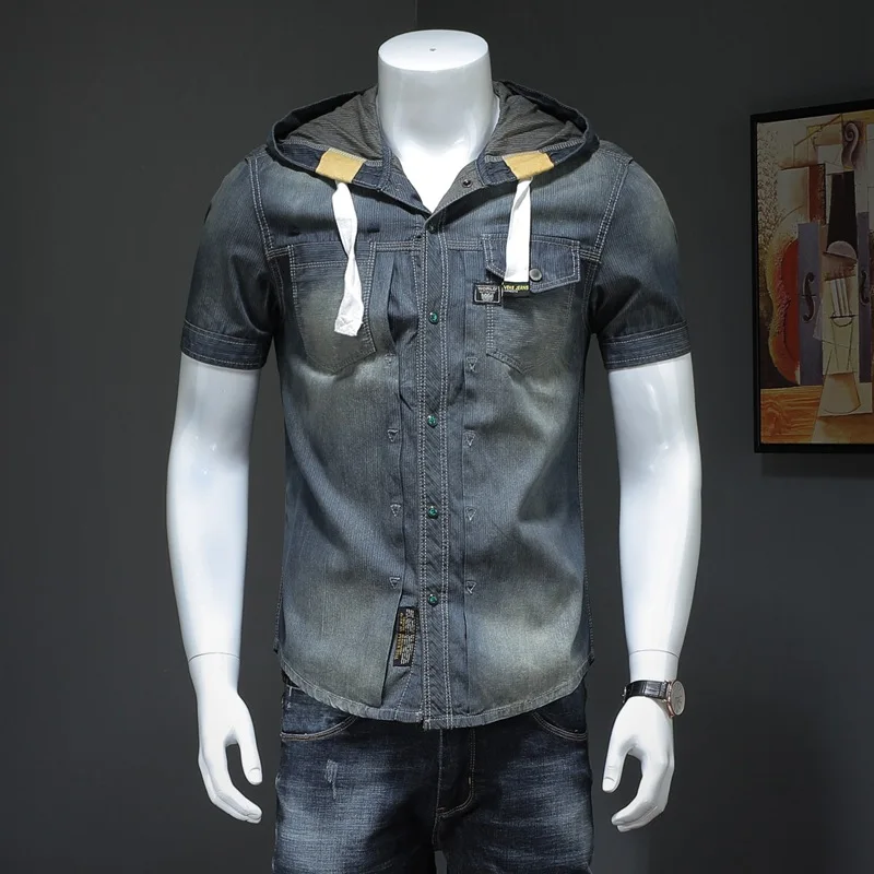 

Y2K летние новые приталенные мужские ковбойские рубашки, Корейская джинсовая рубашка с коротким рукавом, Повседневная модная Мужская Дизайнерская одежда, мужская рубашка
