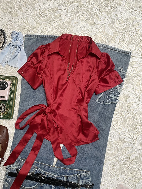 

Original Red Satin Belted ort Sve irt for Women Vintage Summer Top Korean Sle Straight Cut Cotton Blend Casual Wear