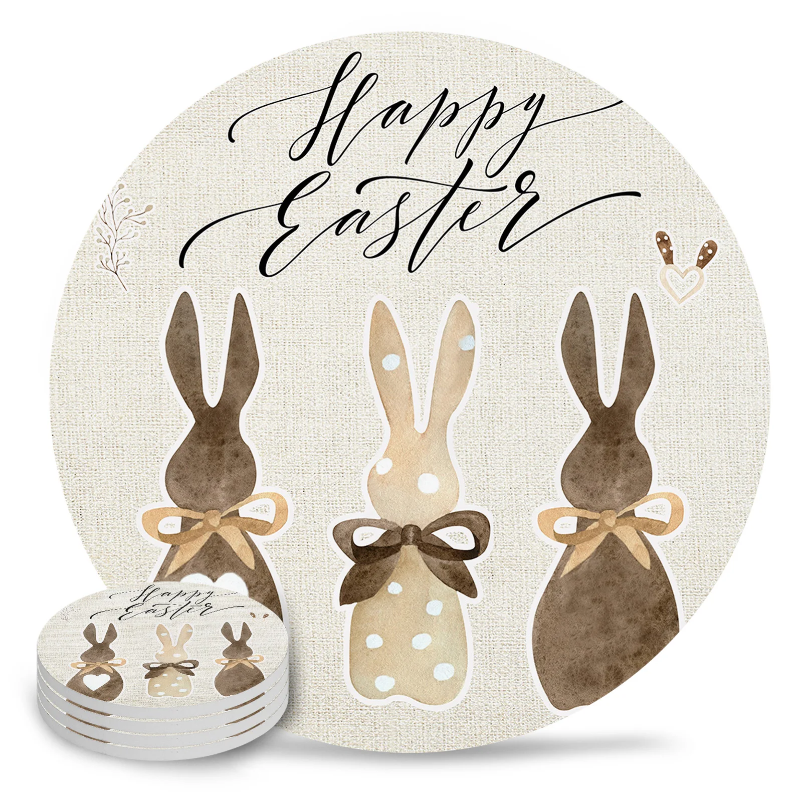 Easter Rabbit Coasters Ceramic Set Round Absorbent Drink Coaster Coffee Tea Cup Placemats Table Mat