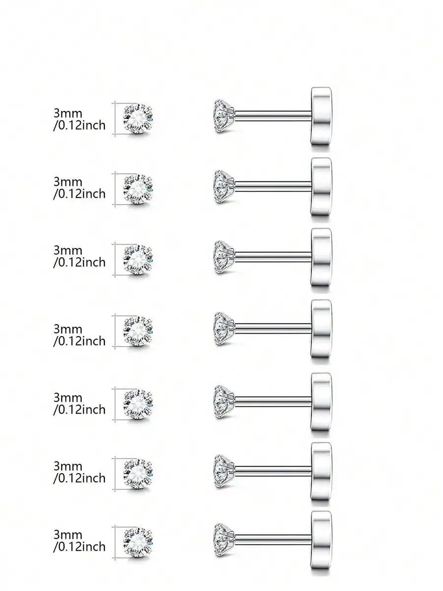 

7 Pairs Stainless Steel Flat Stud Earrings With Cubic Zirconia For Cartilage