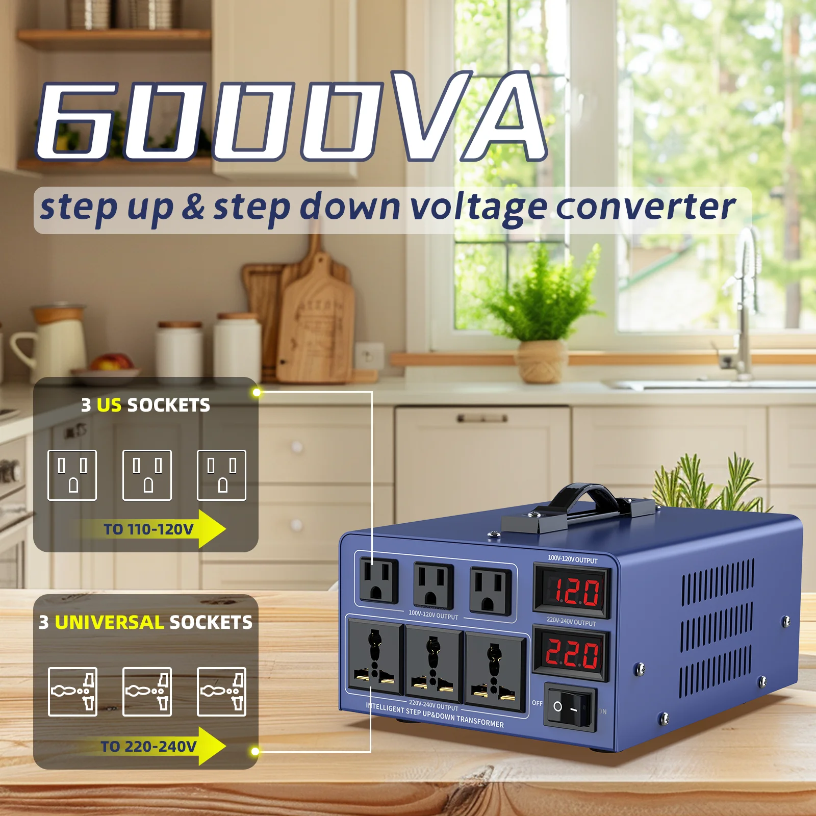 4000W Voltage Converter Transformer, 6000VA Peak, Heavy Duty Step Up/Down Power Transformer, Convert from 110V to 220V and 220V to 110V, with EU Outlets, US Outlets, Power Cord, Circuit Breaker Protection for Traveling Camping