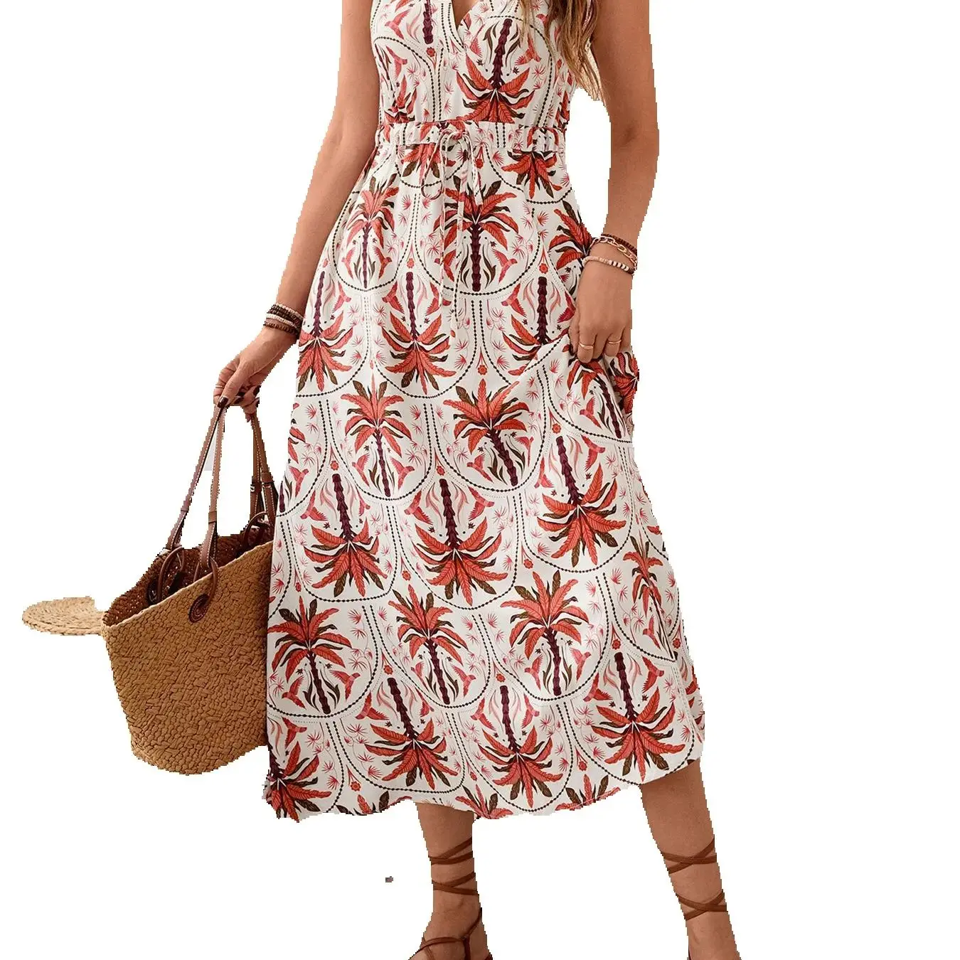 

Women's Dresses Beach Style Summer New Vacation Casual High Waist Printed Sleeveless V-Neck Fashion A-Line Dress for Women