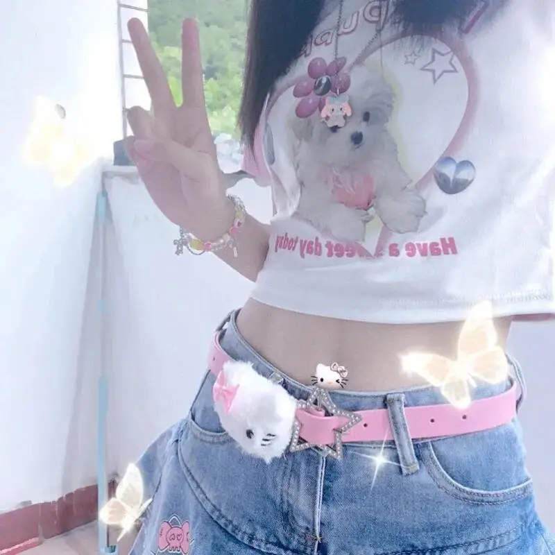 

Sanrio New Cute Sweet Style Belt Hello Kitty Belt Cartoon Star Y2K Hot Girl Style Japanese Style Student Belt Girl Decorate Belt