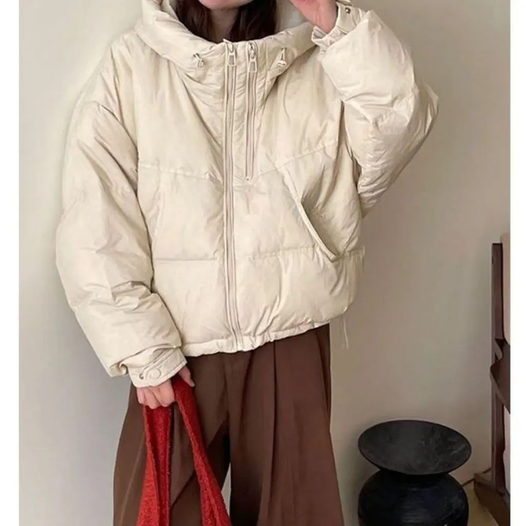 

Women's White Hooded Cotton-Padded Coat Korean Style Winter Fashion Casual Loose Bread Suit Trendy Design