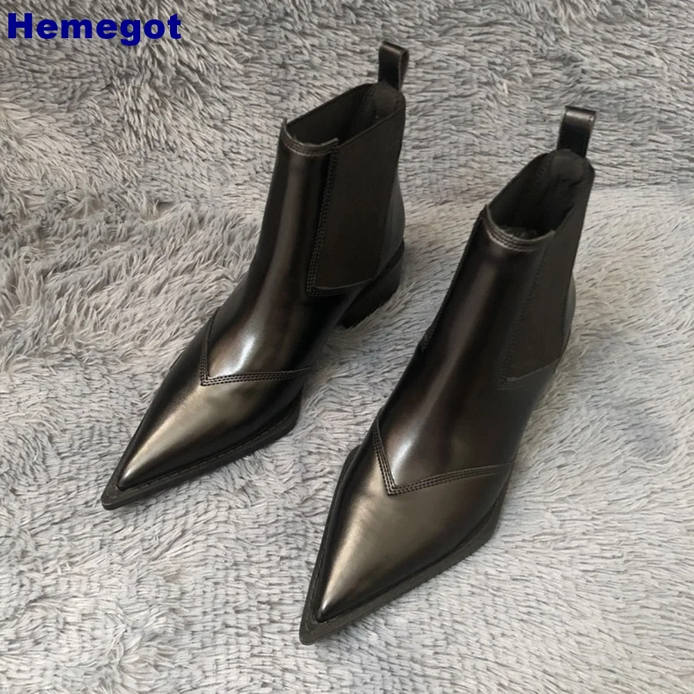 

Patent Leather Pointed Chelsea Short Boots 2024 Spring New Casual British Style Thick Heel Ankle Boot Black Fashion Women Boots