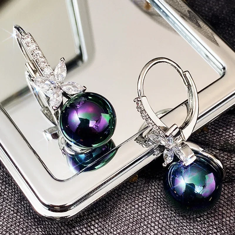 Korean Zircon Butterfly Black Pearl Ball Earring Summer Women's Large Luxury Crystal Brides Charms Quality Earrings Jewelry