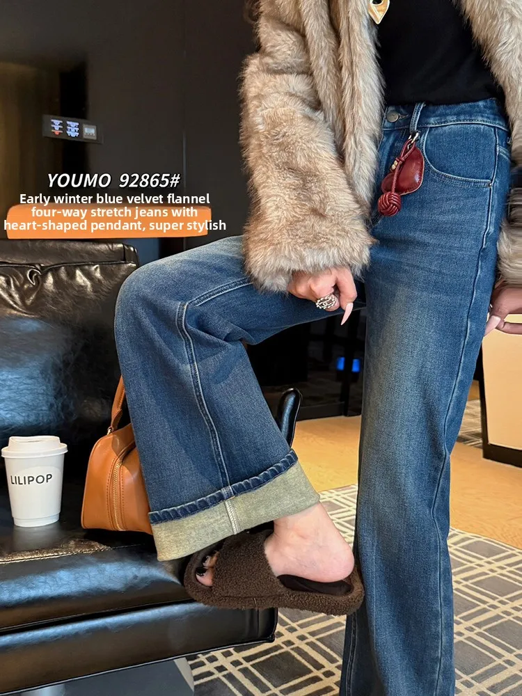 

Модные джинсовые джинсы-колокольчики с высокой талией, женские джинсы на весну и осень 2025 года, винтажные Гонконгские джинсы с застежкой-молнией