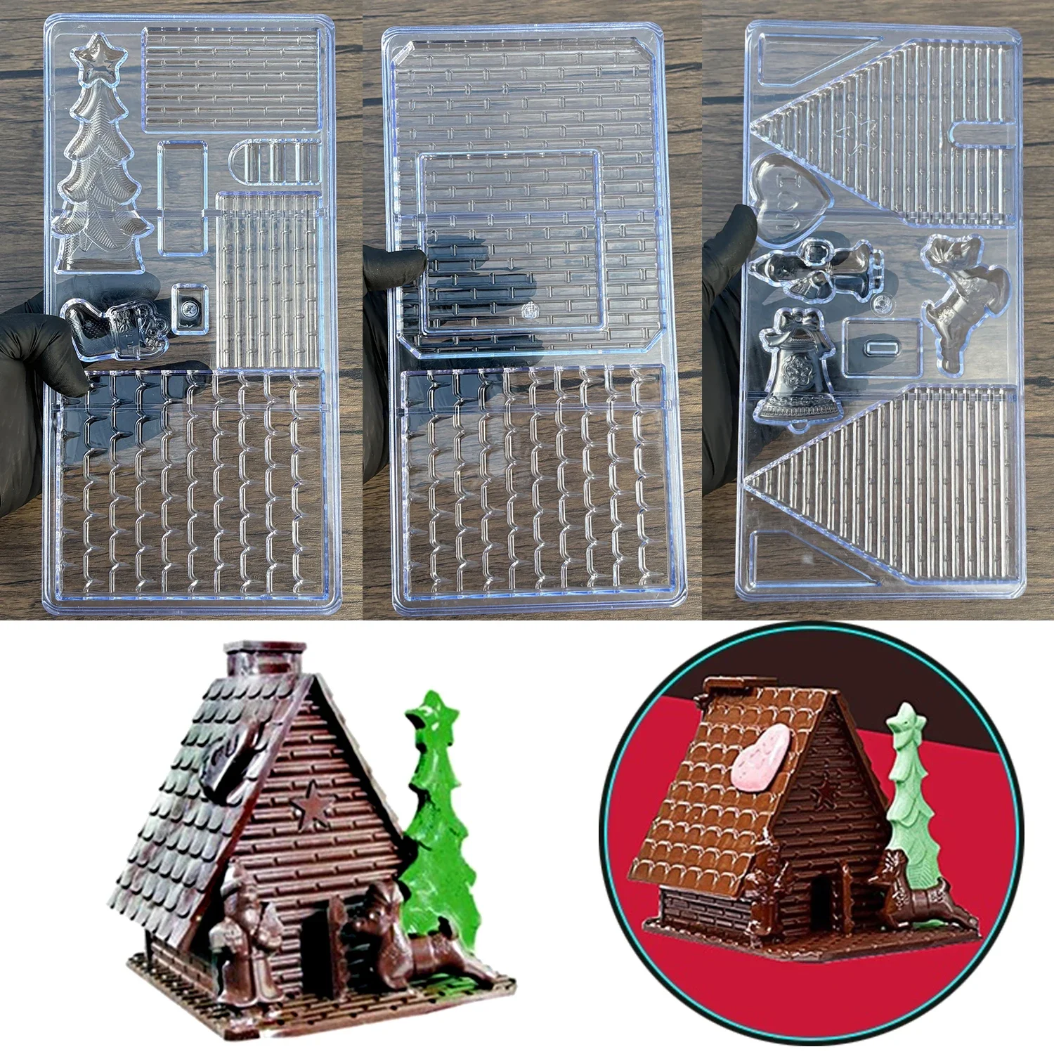 3Pcs Polycarbonate 3D Christmas Santa House Chocolate Mold DIY Candy Bonbon Confectionery Pastry Baking Mould