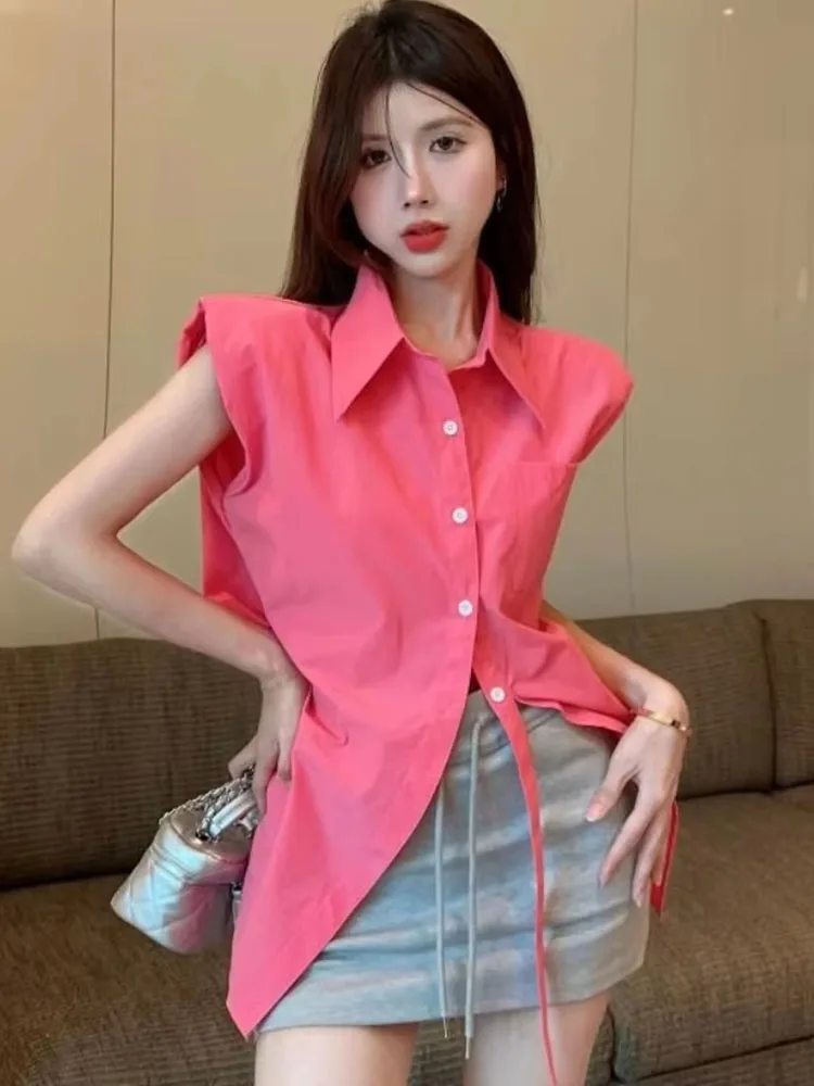 Women's 2026 Summer Asymmetric Sleeveless Shirt Padded Shoulder Tie Front Vest Blouse Loose Casual Office Lady Crop Top