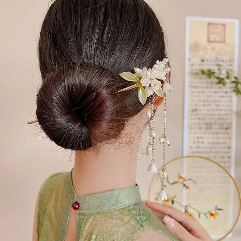 2024 New Pearl Bell Orchid Flower Tassel Hair Pin Vintage Ponytail Headdress Styling Tool Girls Hair Grips Gift Hair Accessories