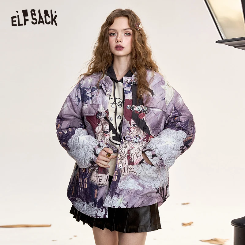 ELFSACK 2024 Winter New Arrivals Original full print with buttons, plush and thick cotton coat for women, loose and simple