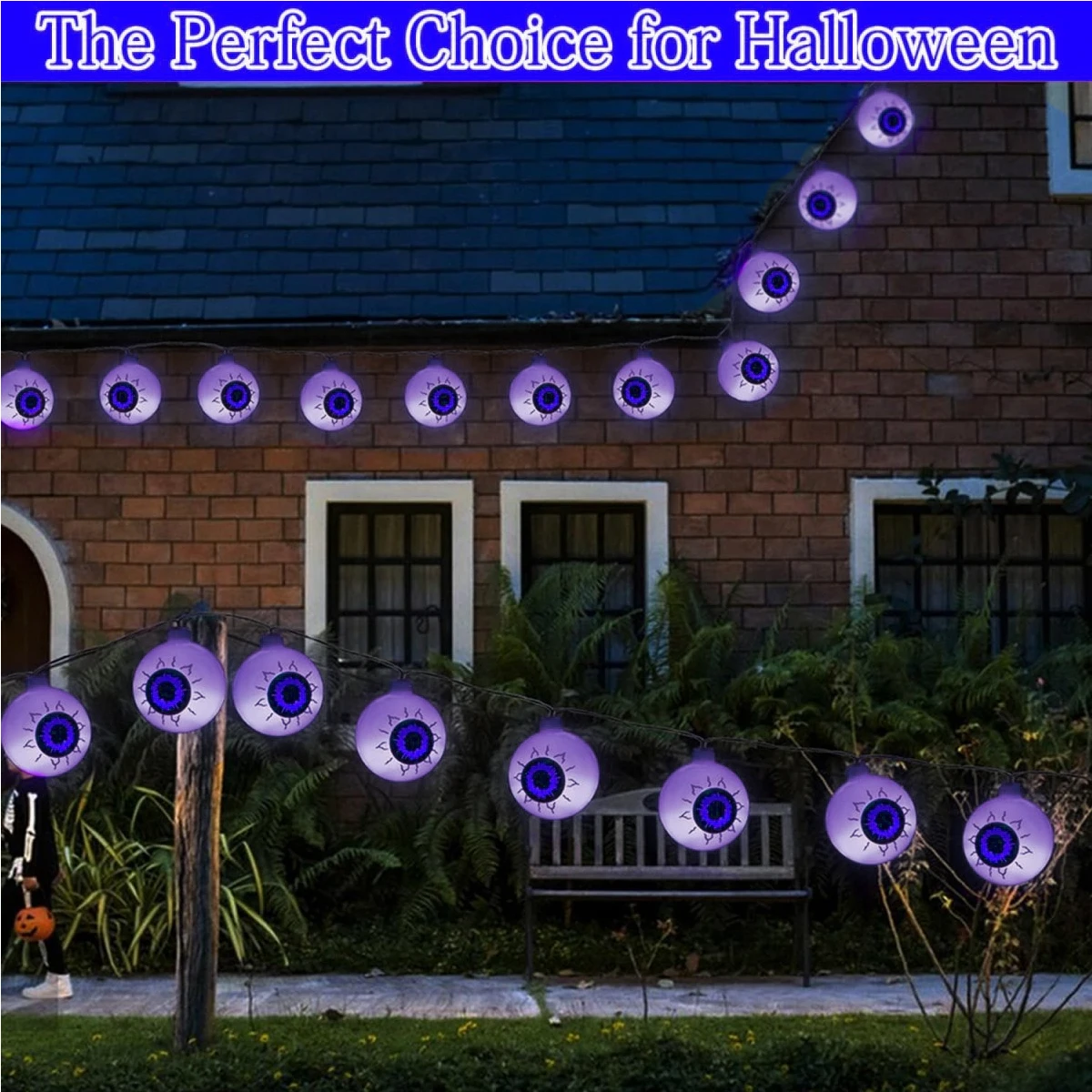 Roxo Eyeball String Light com 8 modos de iluminação, à prova d'água, Solar Powered, Halloween Lights, Casa, Dia das Bruxas, 1PC, 20 LED, 30 LED