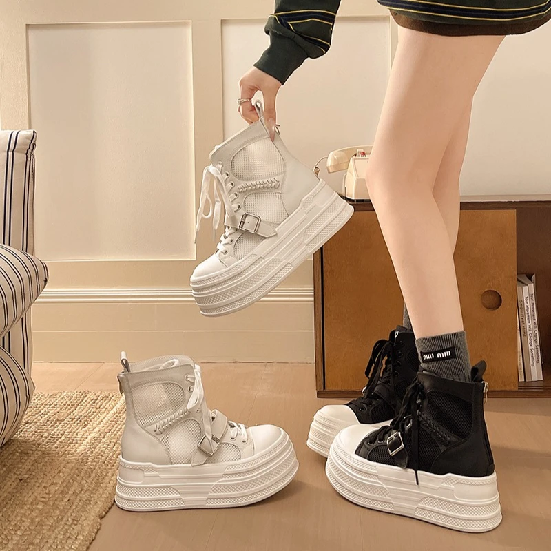 

High-top Thick-soled Lace-up Mesh Sporty Versatile Comfortable Anti-slip Breathable Women's Single Shoes for Casual Activities