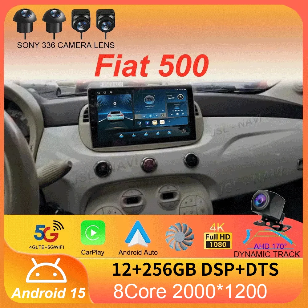 Autoradio Android 15 pour Fiat 500 Navigation GPS lecteur multimédia stéréo 5GWiF + 4G SIM BT sans fil auto Carplay 360 caméra 2 DIN