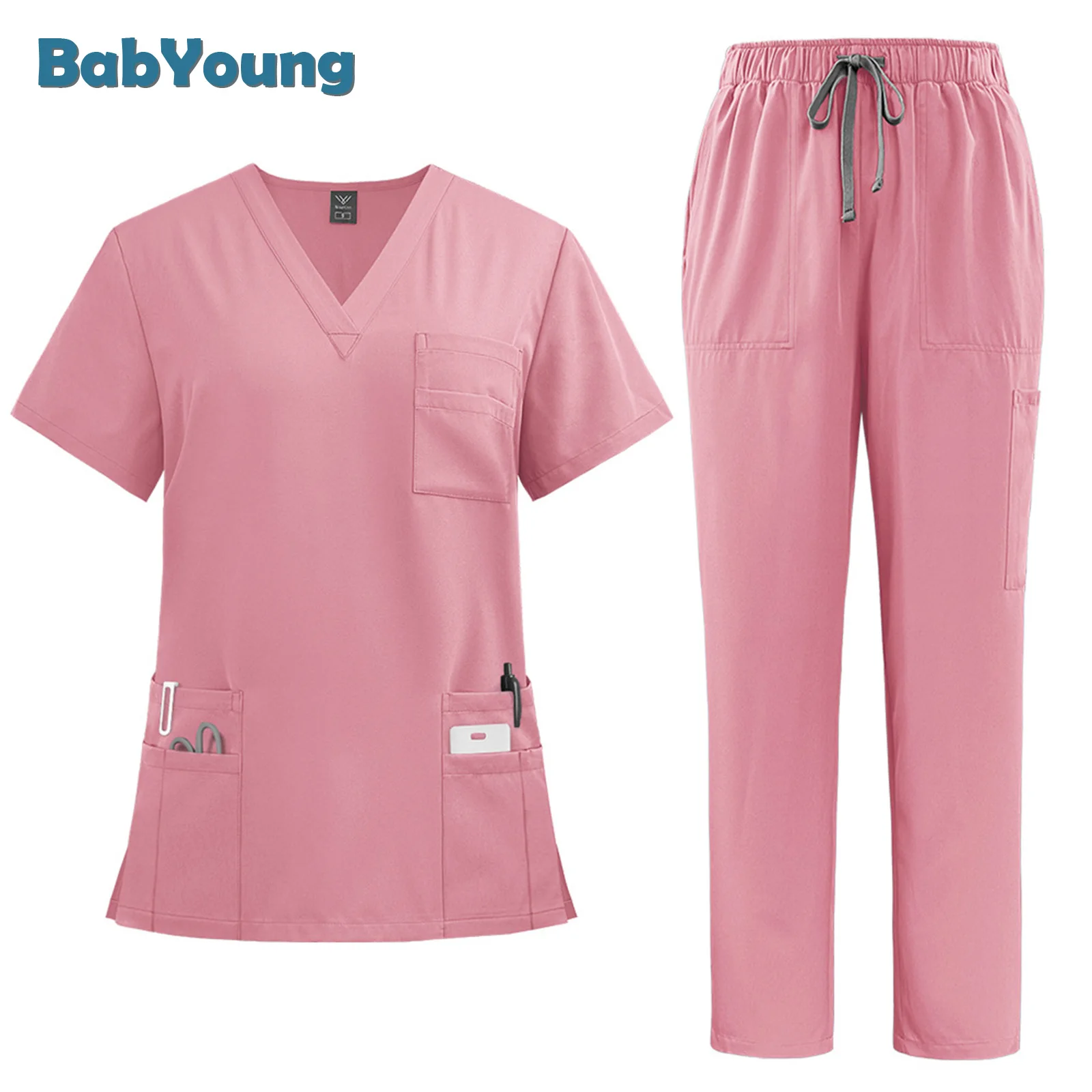 Babyoung-Uniforme Esfoliante Médico com Decote em V, Vestuário Hospitalar, Uniforme Preto, Conjunto Matte Masculino e Feminino, Beleza