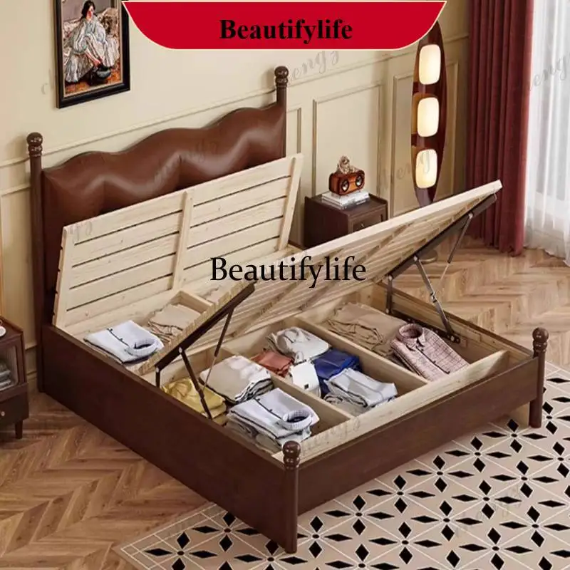 G153 Vintage Wooden Double Bed Nordic Elegant Soft Japanese Adults Double Bed Storage Lit Luxe Cloud Meubles De Chambre Furnitur