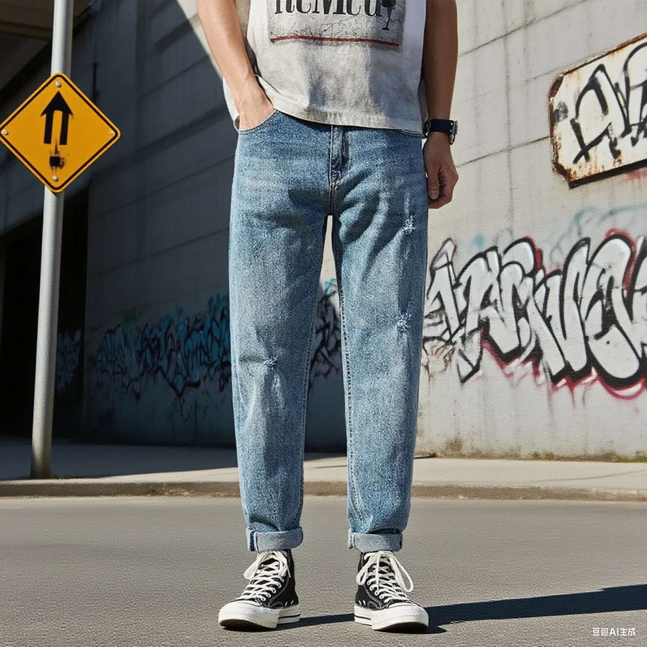 

2025 spring/summer new men's ripped jeans loose straight leg fashionable retro blue denim pants personalized street wear hip-hop