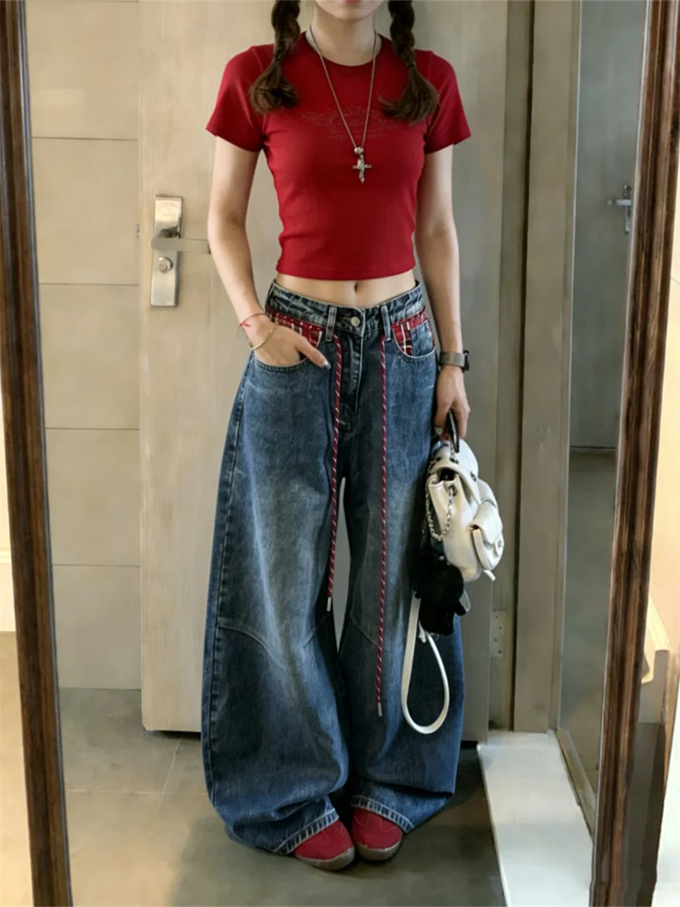 

Джинсы женские больших размеров в американском ретро-стиле, с клетчатыми вставками и карманами, широкие, свободного прямого кроя, с высокой талией, повседневные, из денима