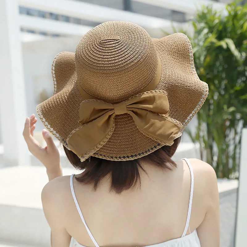 Spring and Summer Women\'s Sun Straw Hat Sun Shaded Big Brim Bamboo Hat Bowknot Fashion Fisherman Hat Outdoor H28