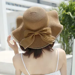 Sombrero de paja para el sol para mujer, sombrero de bambú de ala grande sombreado con lazo, sombrero de pescador a la moda para exteriores, H28, primavera y verano