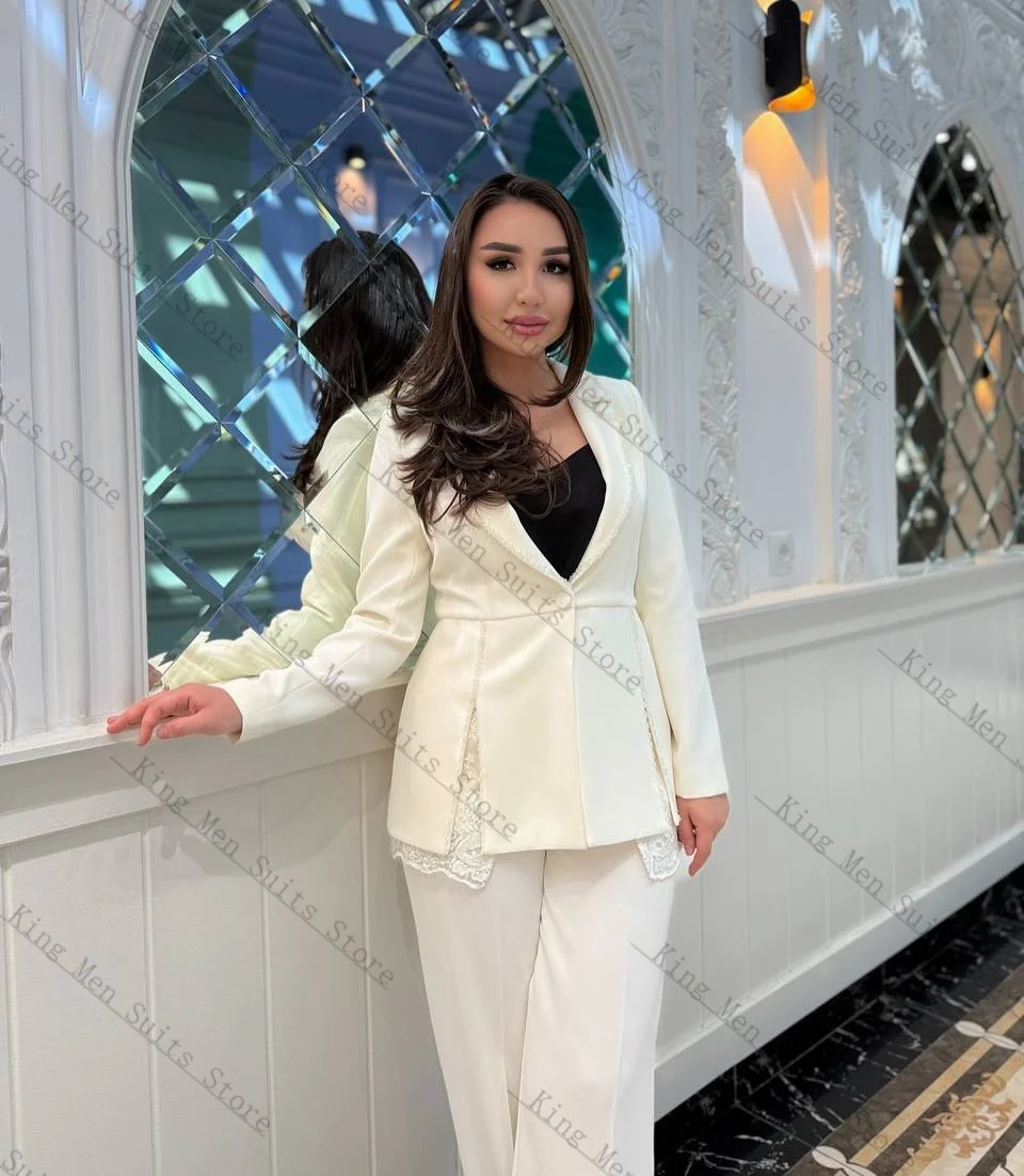 الدانتيل الأبيض المرأة البدلة مجموعة 2 قطعة السترة + السراويل السراويل القطن مخصص الخريف الخريف الرسمي ضيف الزفاف البدلات الرسمية معطف الحفلات #1