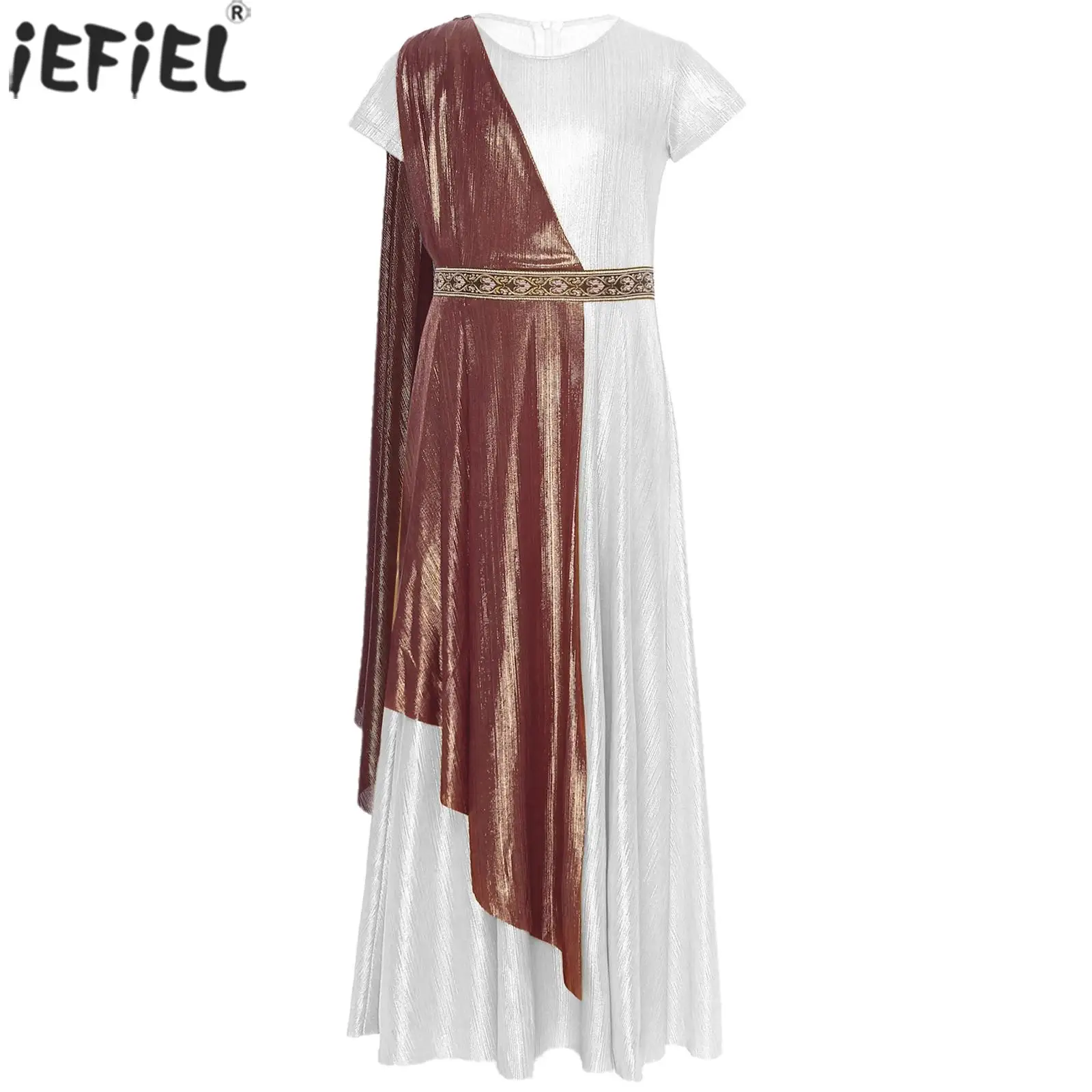 

Girls Ancient Greek Roman Princess Toga Halloween Theme Party Cosplay Costume Short Sleeve Metallic Shiny Vintage Tunic Dress