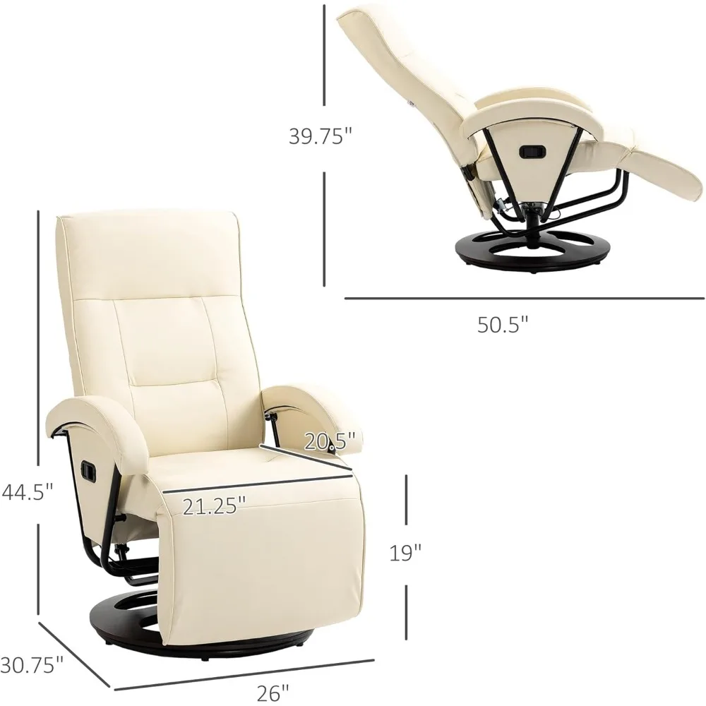 Recliner with footstool, lounge chair with 135° adjustable back, swivel wooden base, upholstered seat and armrest (beige)