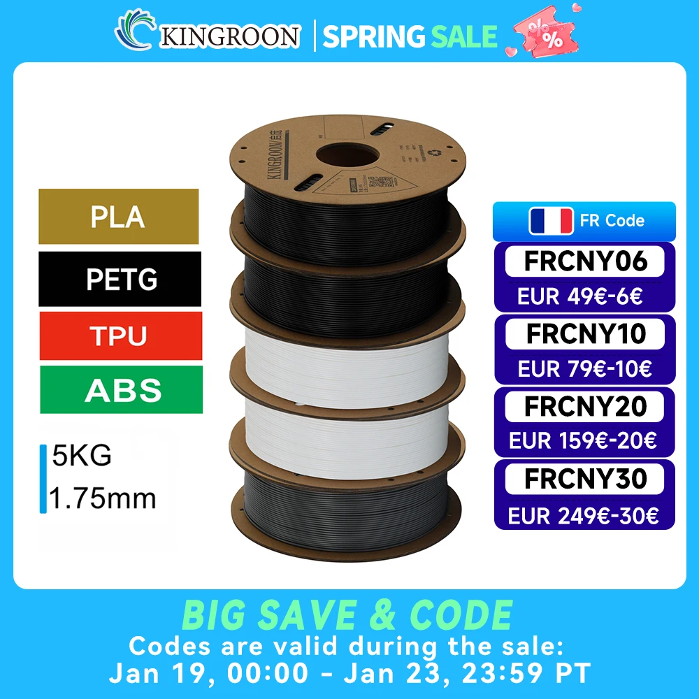 KINGROON – Filament d'imprimante 3D PLA PETG TPU ABS, lot de 5KG, noir, blanc, gris, 1.75mm, sans bulles, plastique, 5 rouleaux de 1kg, bobine aléatoire