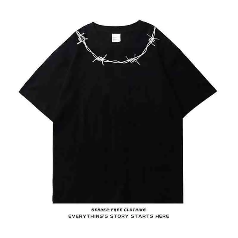 Summer Cotton Thorns Embroidery Letter Short Sleeve O Neck Men T Shirts Loose Hip Hop Punk 2xl Oversized Streetwear Black White