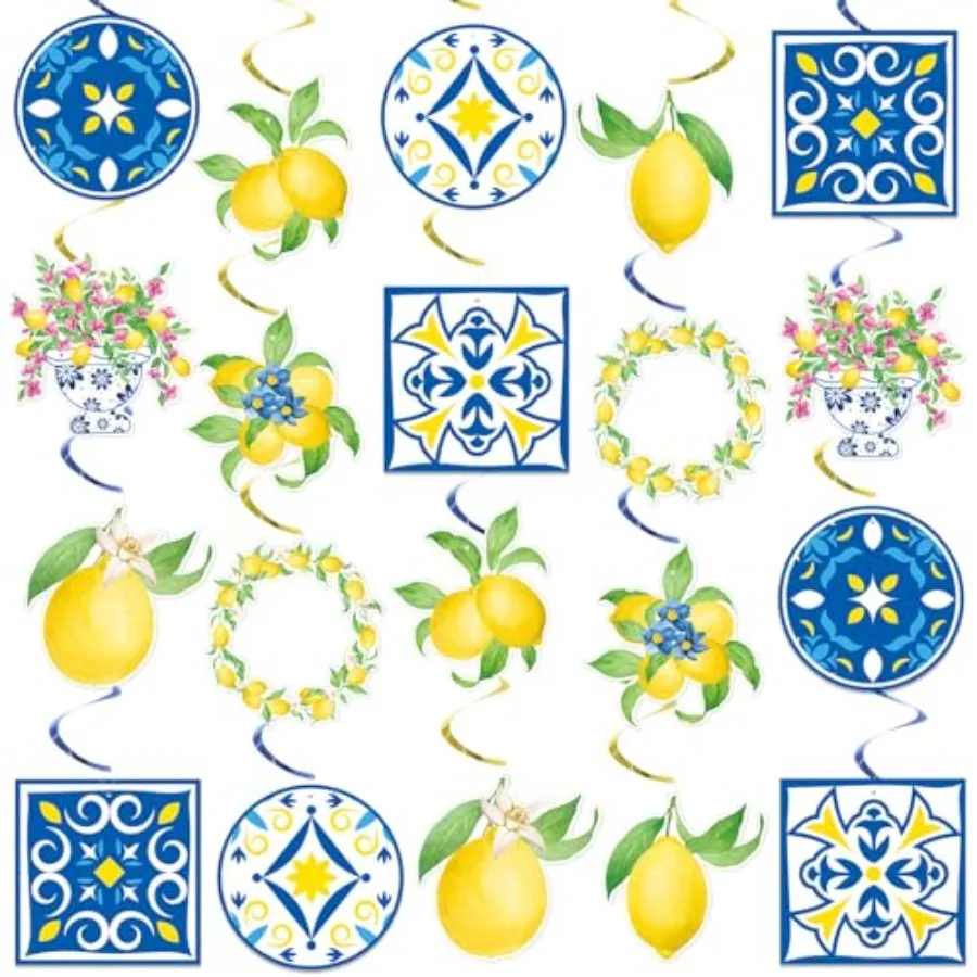 Blue Yellow Tiles Spiral Hanging Swirl Decorations Mediterranean Amalfi Coast Ceiling Streamers for Positano Italian Summer Wed