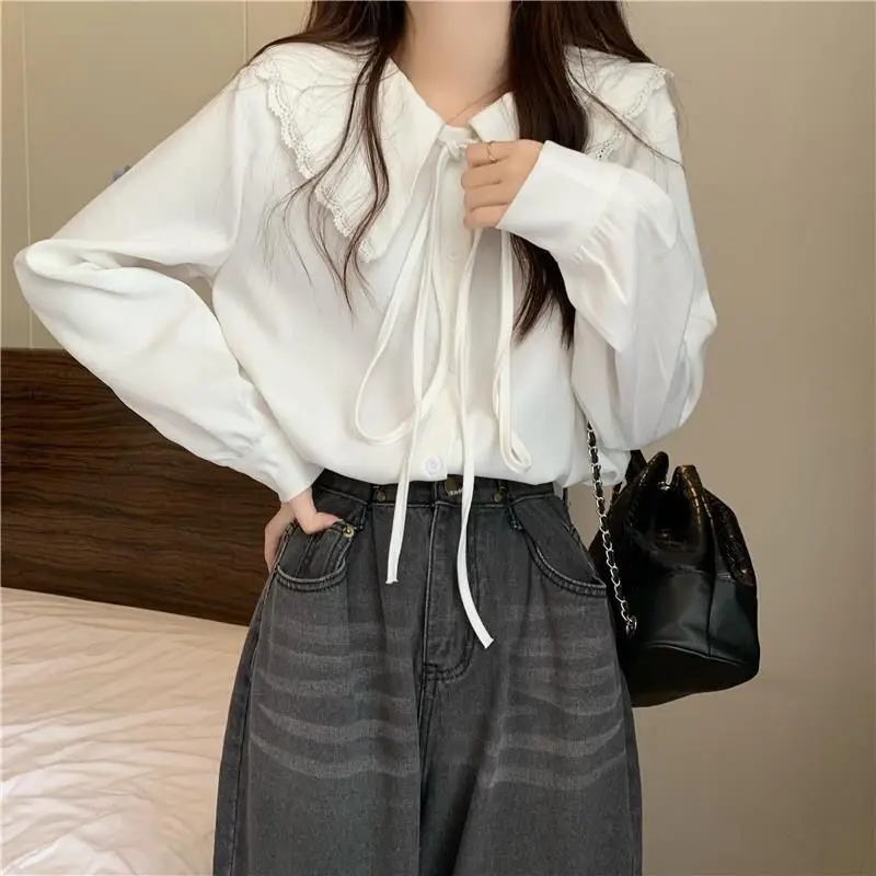 Spring New Long Sleeve Loose Casual Blouse Lacing All-match Solid Color Youth Korean Shirt Tops Fashion Sweet Women Clothing