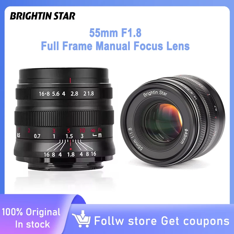 Полнокадровый портретный объектив Brightin Star 55 мм F1.8 с ручной фокусировкой и диафрагмой для беззеркальной камеры Canon Rf Nikon Z Sony с электронным креплением