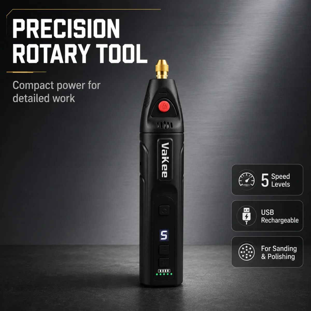 Vakee Rotary Tool 5 Speed 5000-18000RPM Digital Display Cordless Electric Grinding Pen Rechargeable Engraving Polishing Drill Fo